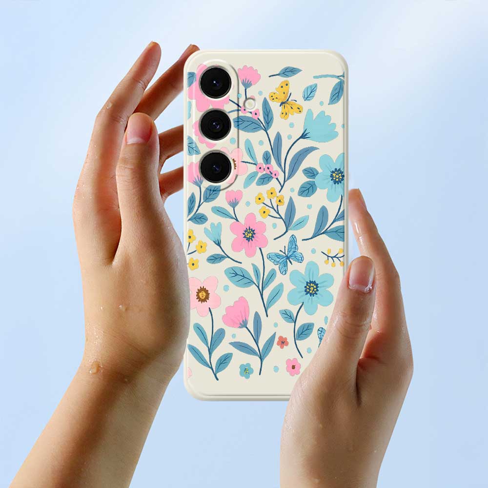 For Samsung Galaxy S25 FE Case Blue Pink Flowers Pattern Printing Straight Edge TPU Phone Back Cover