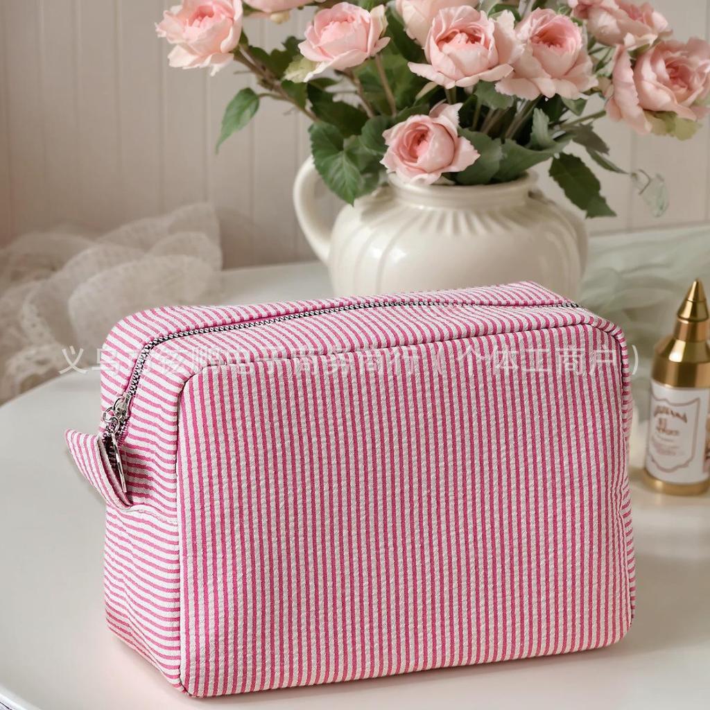 Personalized Striped Makeup Bag - Custom Embroidered Travel Toiletry Organizer