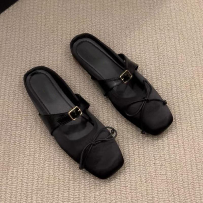 Fashion Spring New Style Low Heels Women's Square Head Shallow Mouth Butterfly Knot Metal Buckle Line with Soft Sole Non-slip Slippers