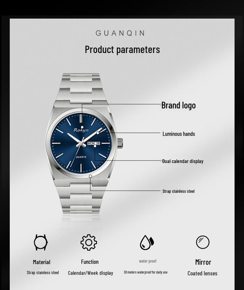 Men's Cross-Border Waterproof Quartz Watch - Slim, Stylish Business Design with Dual Calendar