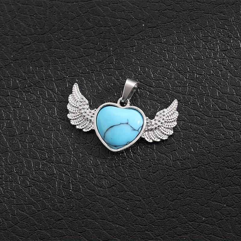 European & American Natural Stone Angel Heart Pendant with Wings