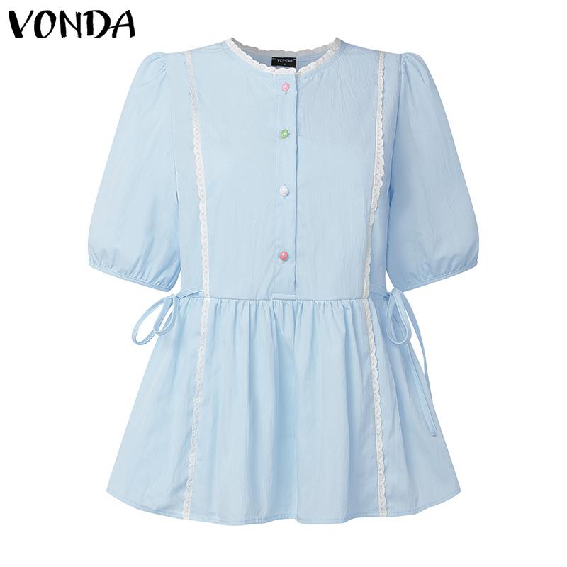 

VONDA Women Casual Round Neck Lace Crochet Hem Drawstring Waist Blouse 3XL синий