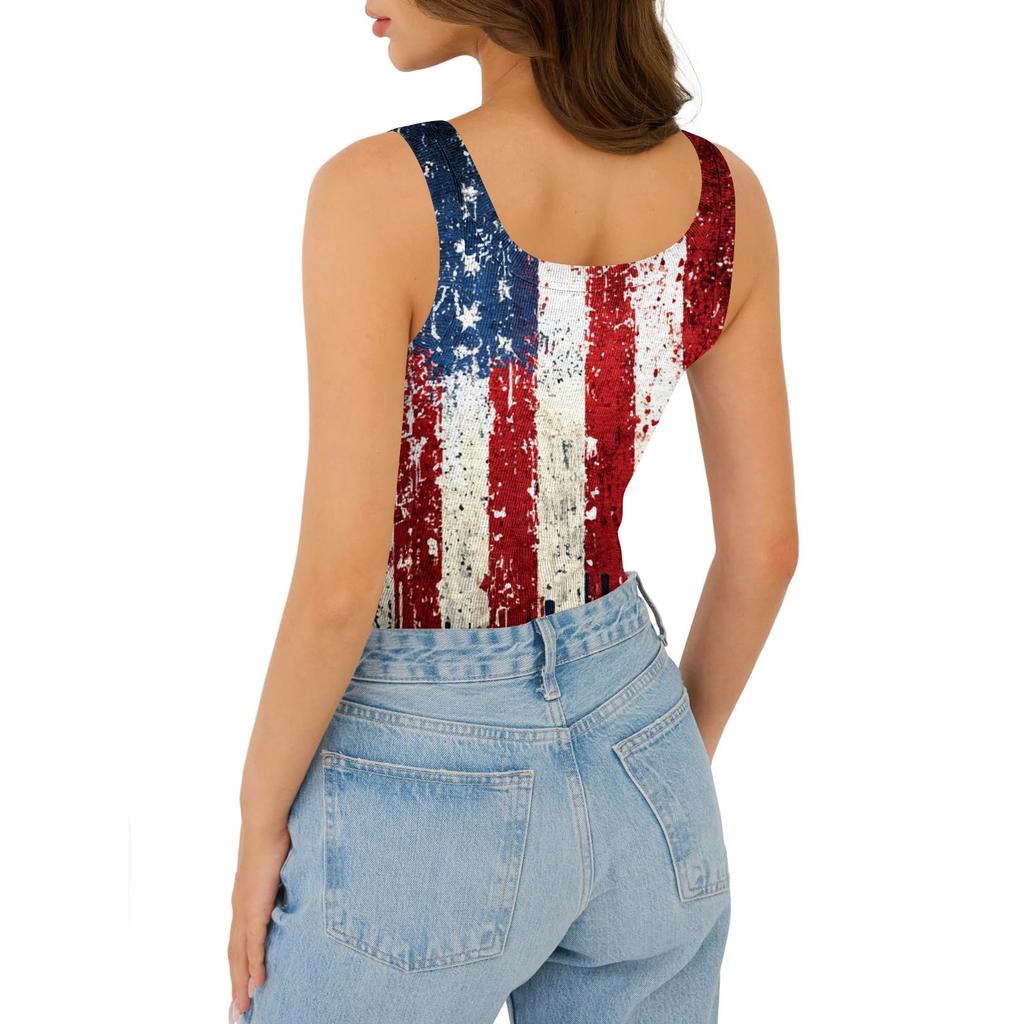 Women's Summer Fashionable Casual Independence Day Printed Round Neck Sleeveless Top Fitted Vest