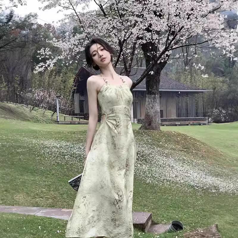 2024 Summer Halterneck Camisole Dress: Women's Elegant Cut-Out Waist Long Dress