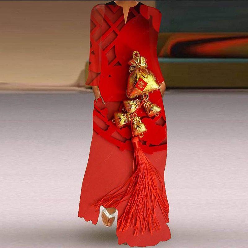 Long Sleeve Dress New Fashion Women's Clothing 3D Colorful Printing Stage Show Travel Photo Pocket V Neck Dress