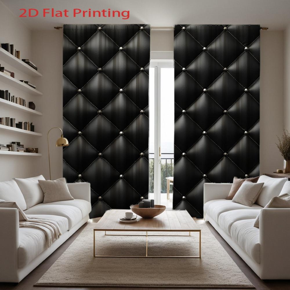Set Of 2 Black Quilted Leather Curtains Stud Detail Flat Print Semi Transparent Polyester Living Room Bedroom Decor Curtain With Rod Pocket Perfect