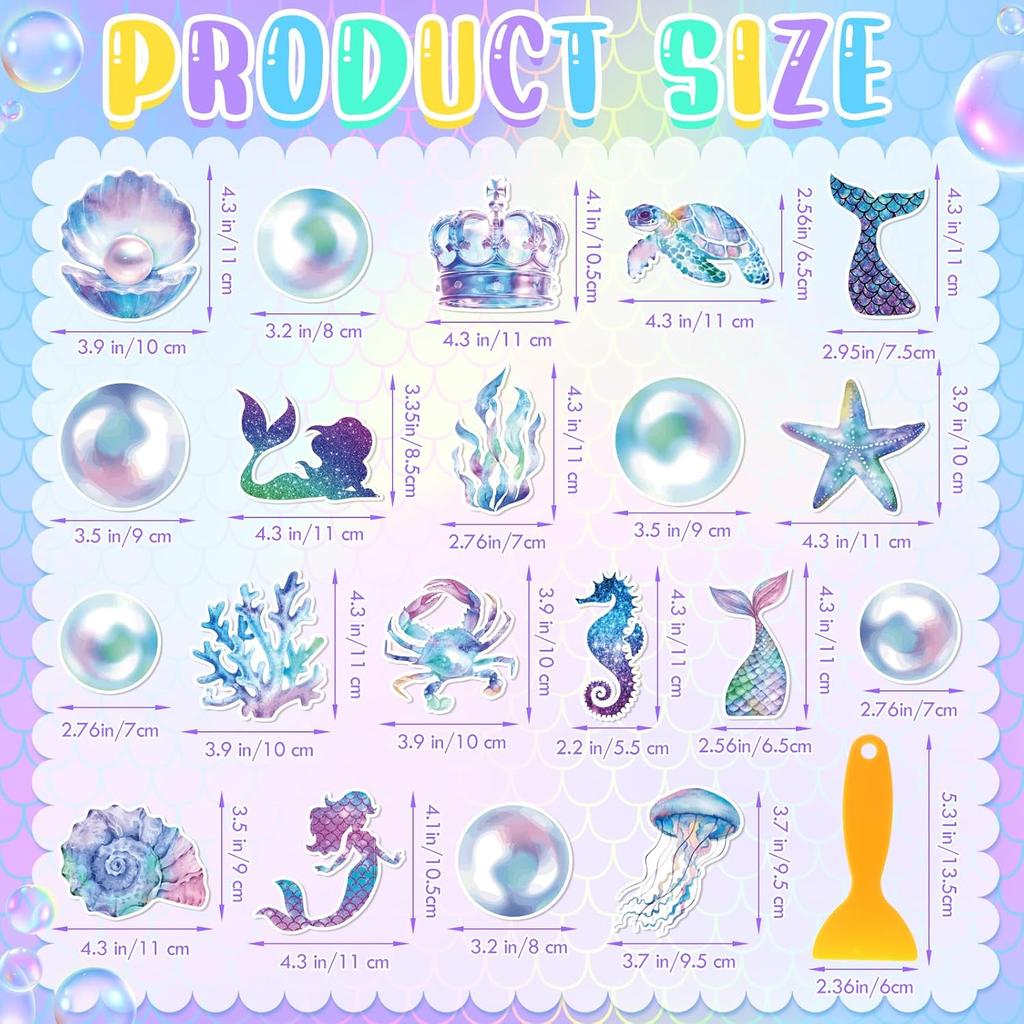 Funrous 20 Pcs Mermaid Non Slip Bathtub Stickers Ocean Mermaids Anti Slip Shower Stickers Shower Floor Nonslip Sticker with Scraper Ocean Applique