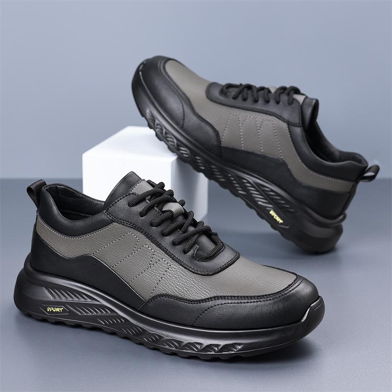 New High Quality Brand Men's PU Leather Casual Shoes Thick Soled Wear-resistant Hiking Shoes Trendy Gray Sports Shoes for Men’s