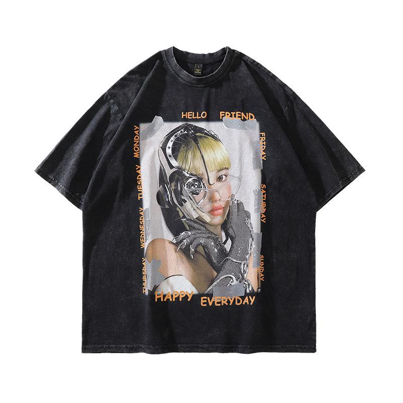 Harajuku Japanisch Y2K Spice Girls Anime Bedrucktes Gewaschenes Altes Kurzarm-T-Shirt Herren- Und Damen-Retro Guochao Marke T-Shirt
