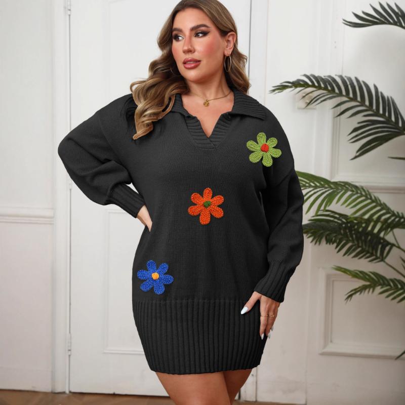 Autumn Winter Dress Women's Polo Collar Hip Skirt Woolen Embroidery Flower Splicing Sweater Skirt