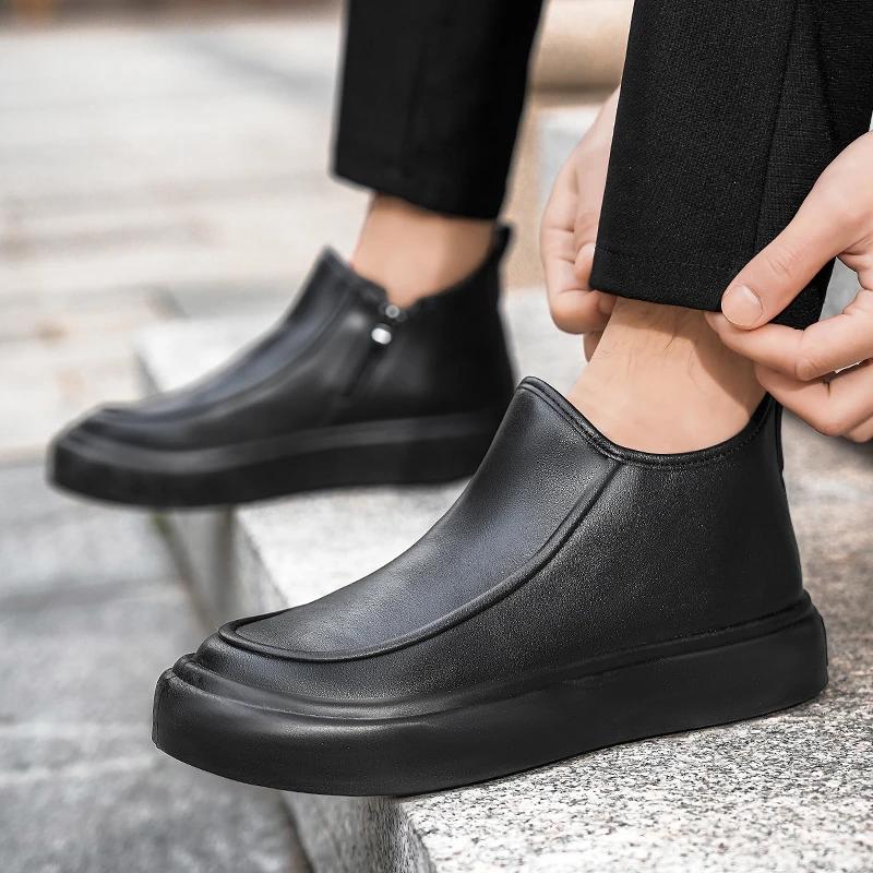 2025 New Men's Leather Boots Classic Design Casual Formal Shoes Autumn and Winter Convenient Shoes Black Velvet Warm Snow Boots