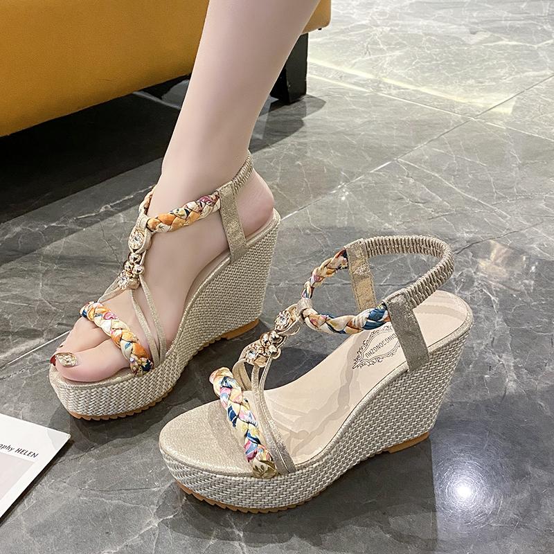 Fashion New Spring and Summer Thick-soled Wedge-worn Women's Sandals Color-blocked Open-toe Empty Fashionable Casual Women's Shoes