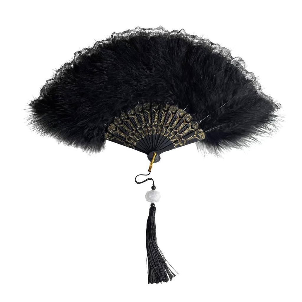 Yousheng Vintage Feather Lace Folding Fan with Tassels Portable Summer Hand Held Fan Decoration Dance Performance Props Party Costume Accessories