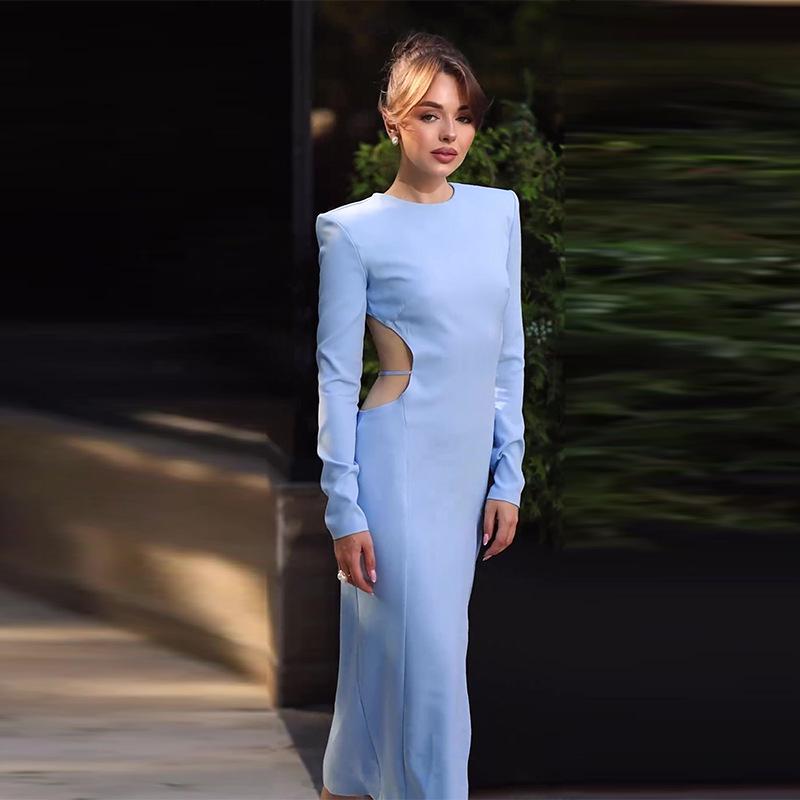 2024 Fall European & American Women's Solid Color Round Neck Hollow Out Sexy See-through Dress