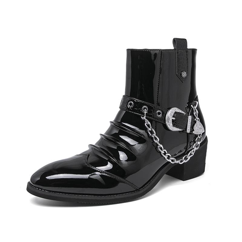 Chelsea Martin boots men's autumn and winter high-top shiny leather pointed British style men's boots zipper fashion heightening leather shoes