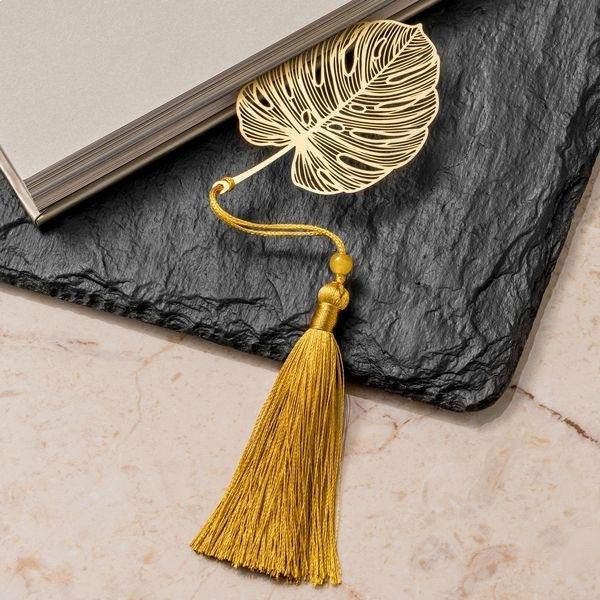 Monstera Leaf Bookmark with Silk Pompom and Gift Box