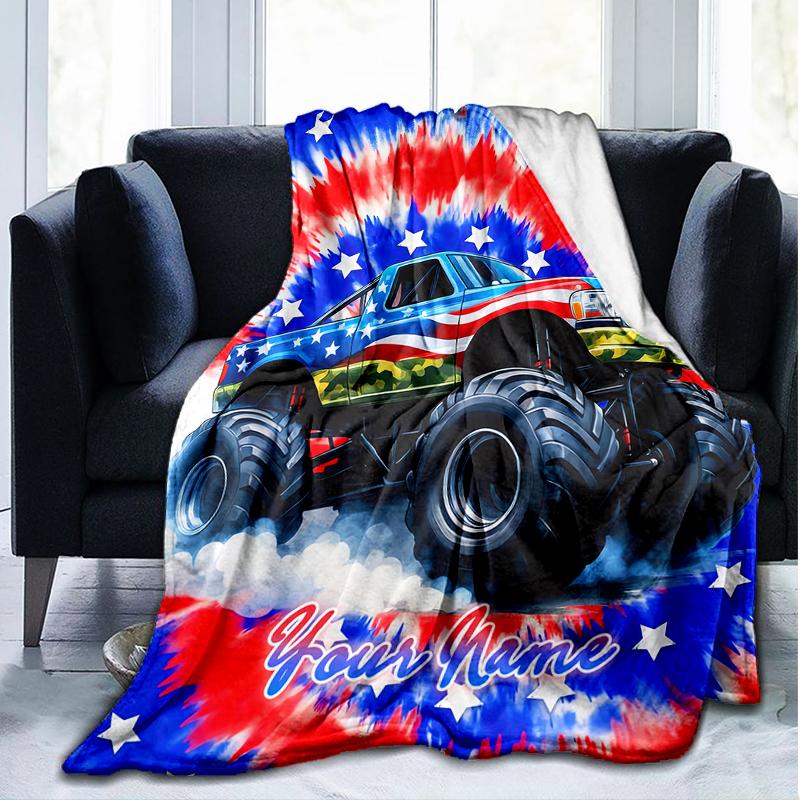 1PC Custom Name American Flag Monster Truck Outdooor Flannel Blankets Patterns Throw Blanket All-Season Soft Gift for Couch, Bed, Camping Gifts