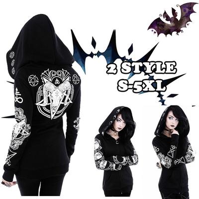 Women Black Gothic Hoodie Punk Style Hooded Coat Cool Street Printed Sweatshirt Cosplay Jacket Plus Size