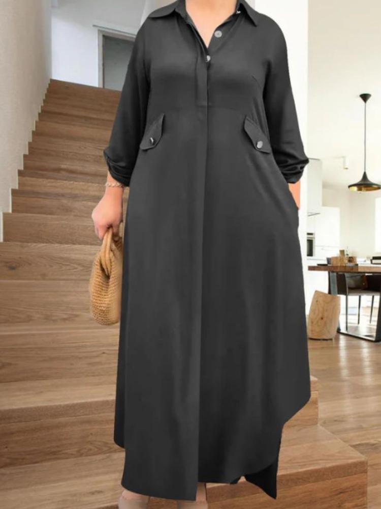 

Женское платье-рубашка с длинным рукавом, застежкой на пуговицах спереди, воротником с лацканами и боковыми карманами S чёрный