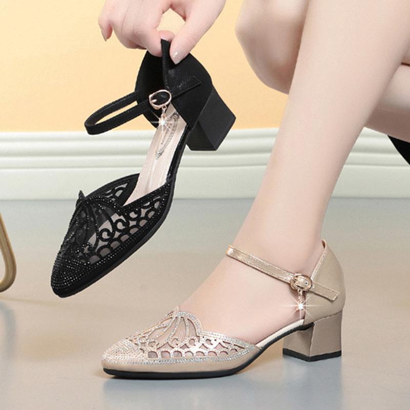 Summer Women One-word Buckle Sandals Flat Mid Heel Chunky Heel  PU Leather Shoes Hollow Mesh Soft Bottom Mom Single Shoes