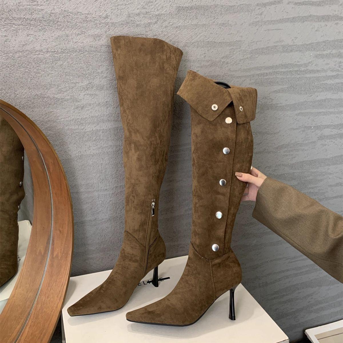 

осень и зима 2025 новые остроносые ботильоны на тонком каблуке женственность замшевые высокий каблук высокие сапоги-ботфорты ботинки ботинки дети 40