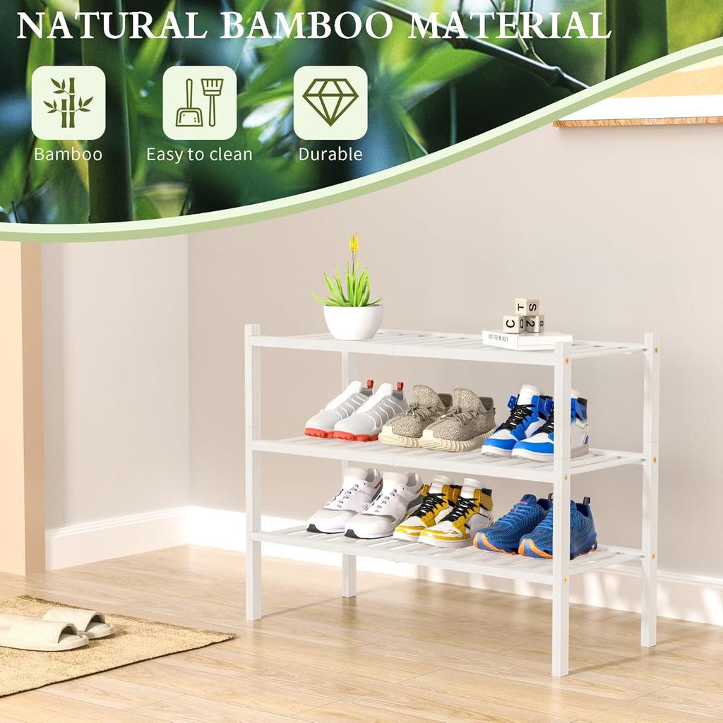 3-Tier Bamboo Shoe Rack - Free Standing Space-Saving Shoe Shelf Organizer for Small Spaces, Stackable Eco-Friendly
