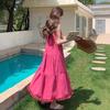 Rose pink fringed suspender dress female medium and long summer new Korean version loose sweet dress fairy