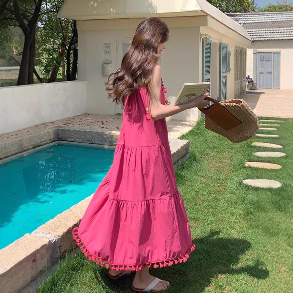 Rose pink fringed suspender dress female medium and long summer new Korean version loose sweet dress fairy