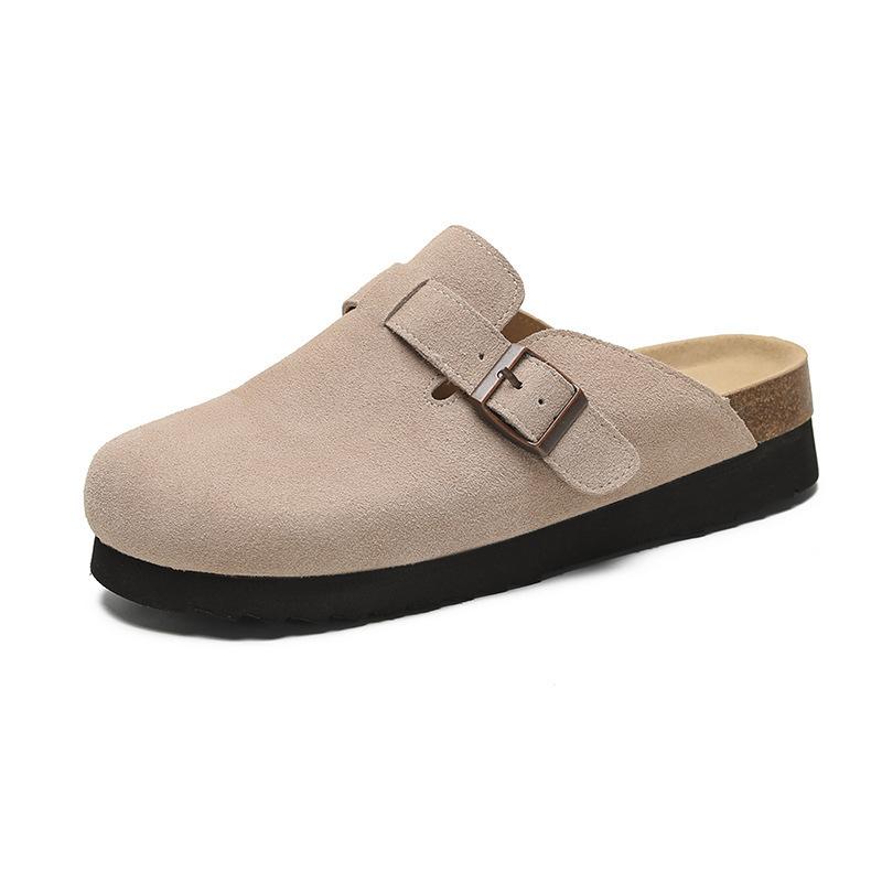 Spot large size Sanxi same style, all leather slippers, cork bottom thick bottom inner height increase bag head half slippers Boken shoes women