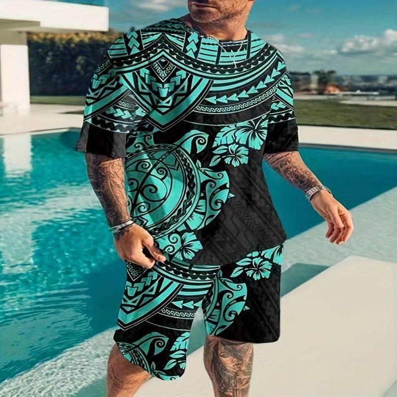 Summer Fashion Men's Suit Casual Ethnic Style 3D Printed Sportswear Short-sleeved Suit Oversized Round Neck T-shirt Shorts 2-piece