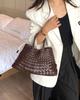 Retro Style Genuine Leather Hand-Woven Basket Handbag - Versatile Women's Bag with Thick Leather Strips