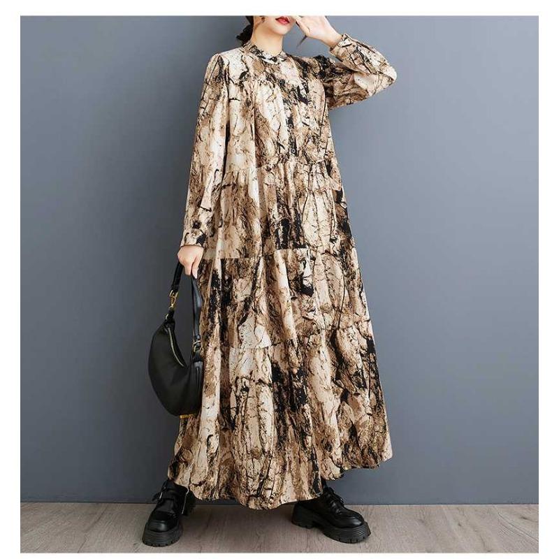 2025 Round Neck Long Sleeve Loose Skirt Women's Big Size Middle Aged Mom Dress