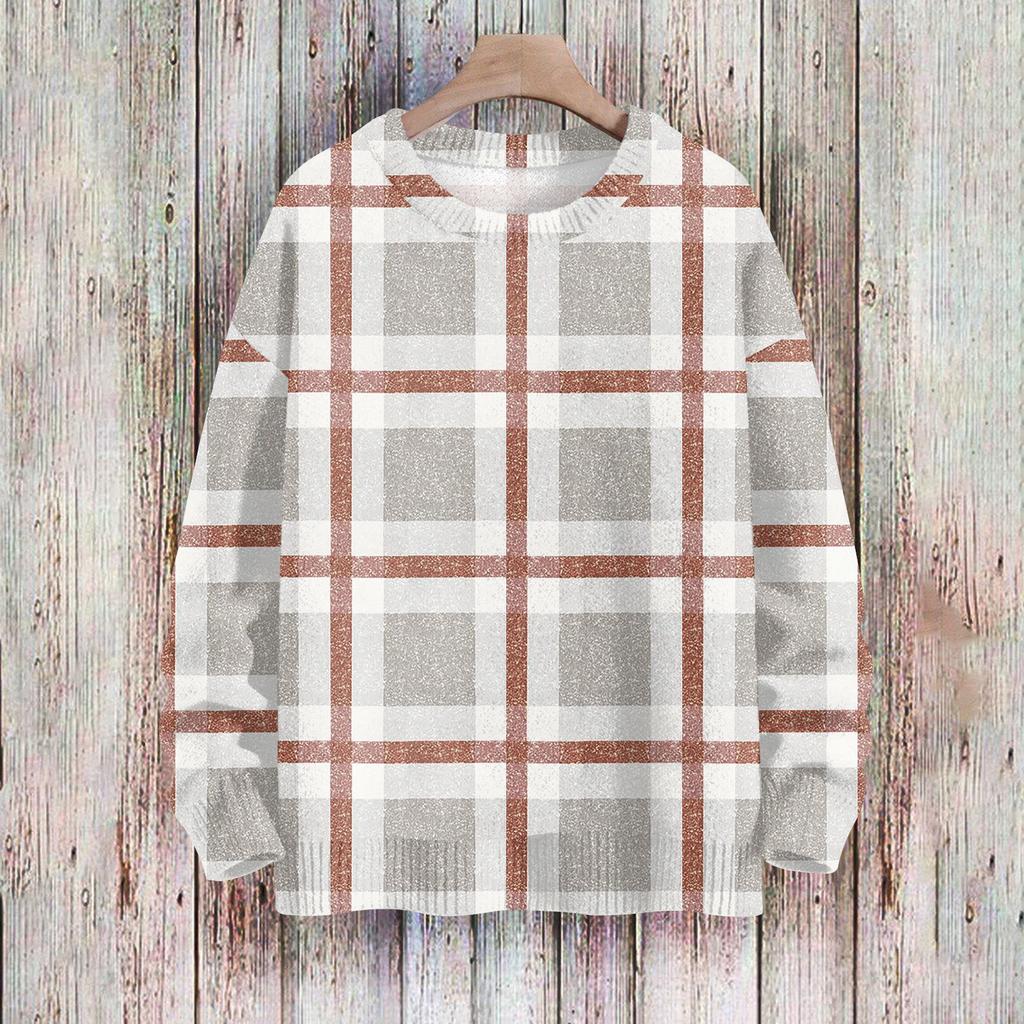 Women's Fashionable Casual Long-sleeved Checkered Printed Round-neck Sweater Knitted Top