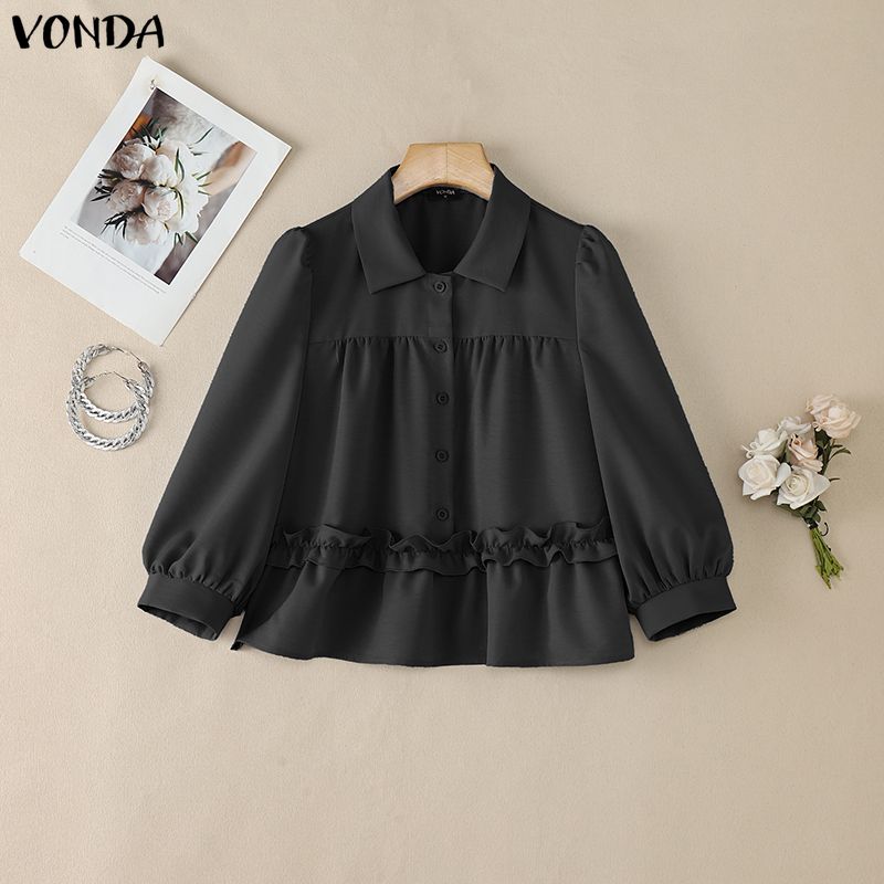 VONDA Summer Women Lapel Neck 3/4 Sleeve Ruffled Casual Blouse Tops
