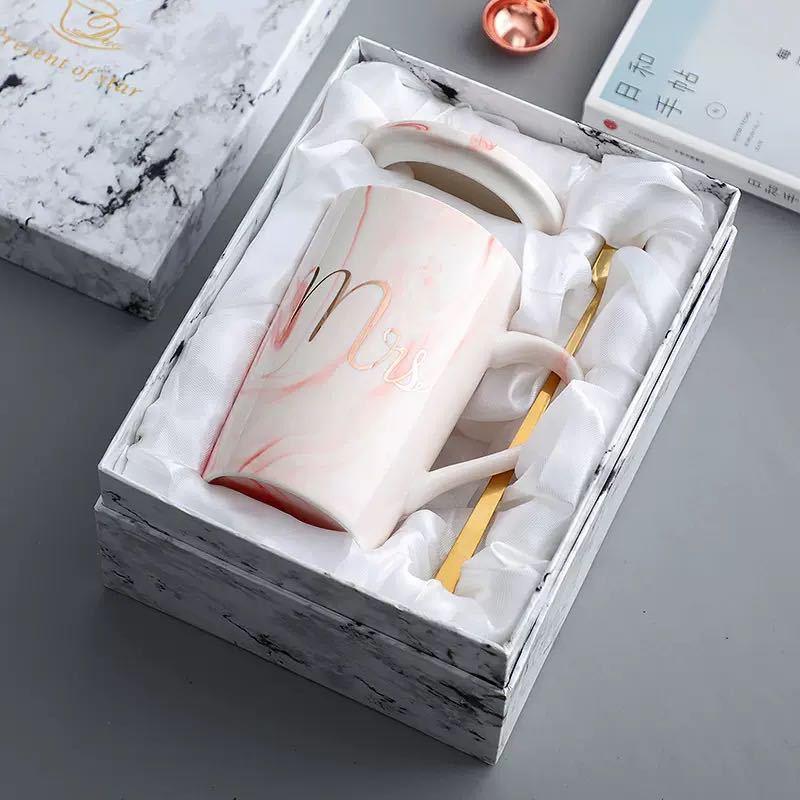 Marble Mug Ceramic Cup Gift Box Coffee Cup Couple Creative Water Cup with Lid Spoon