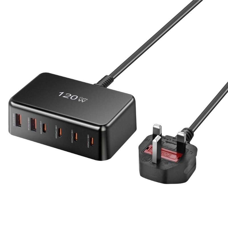 PD120W 4C2A Desktop Charger 4USB C 2USB A Port Fast Charging Hub Power Adapter for Multiple Devices ABS Housing