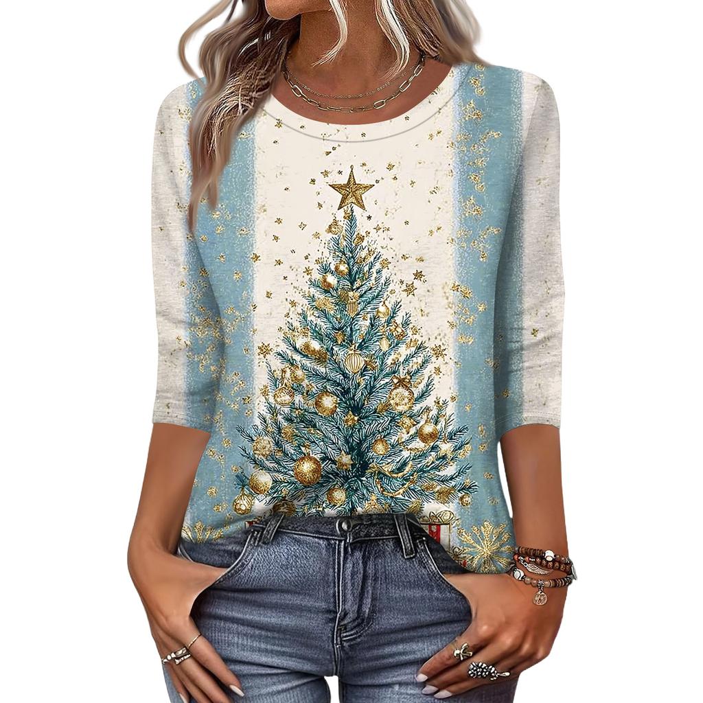 Women's Fashion Casual Round Neck 3/4 Sleeve Loose  Printed T-Shirt Ladies Top