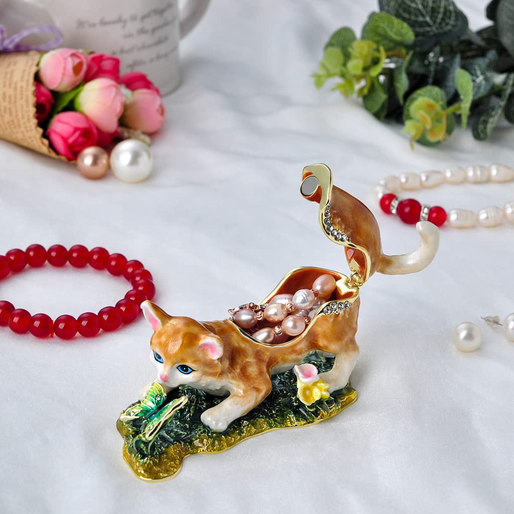 Cat Trinket Box, Small Animal Figurine, Gold Plated Crystal Enamel Jewelry, Animal Home Decor, Gift for Cat Lovers