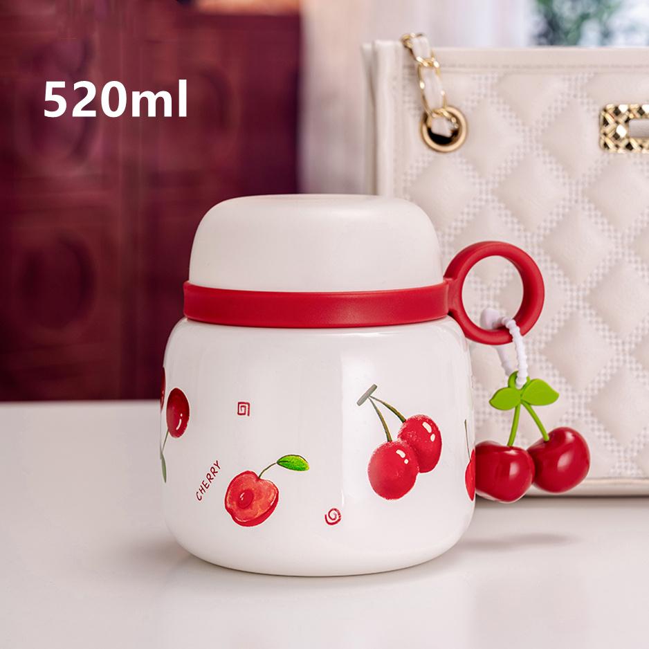 

1 шт. 18 унций Изолированный контейнер для еды из нержавеющей стали с дизайном «Вишня», Двустенный, Герметичный ланч-бокс с ложкой