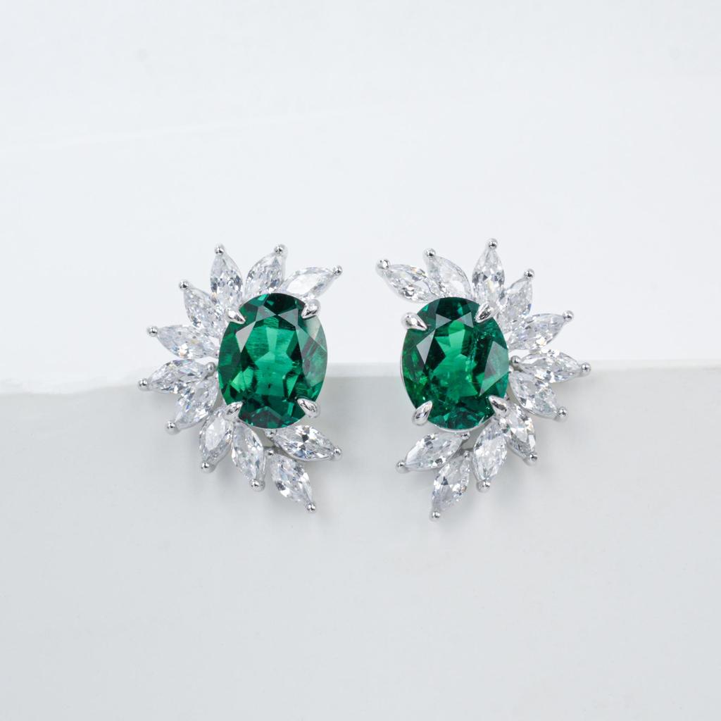 S925 Sterling Silver Women's Oval Emerald Sunflower Earrings - Elegant Luxury for Evening, Party, and Commute