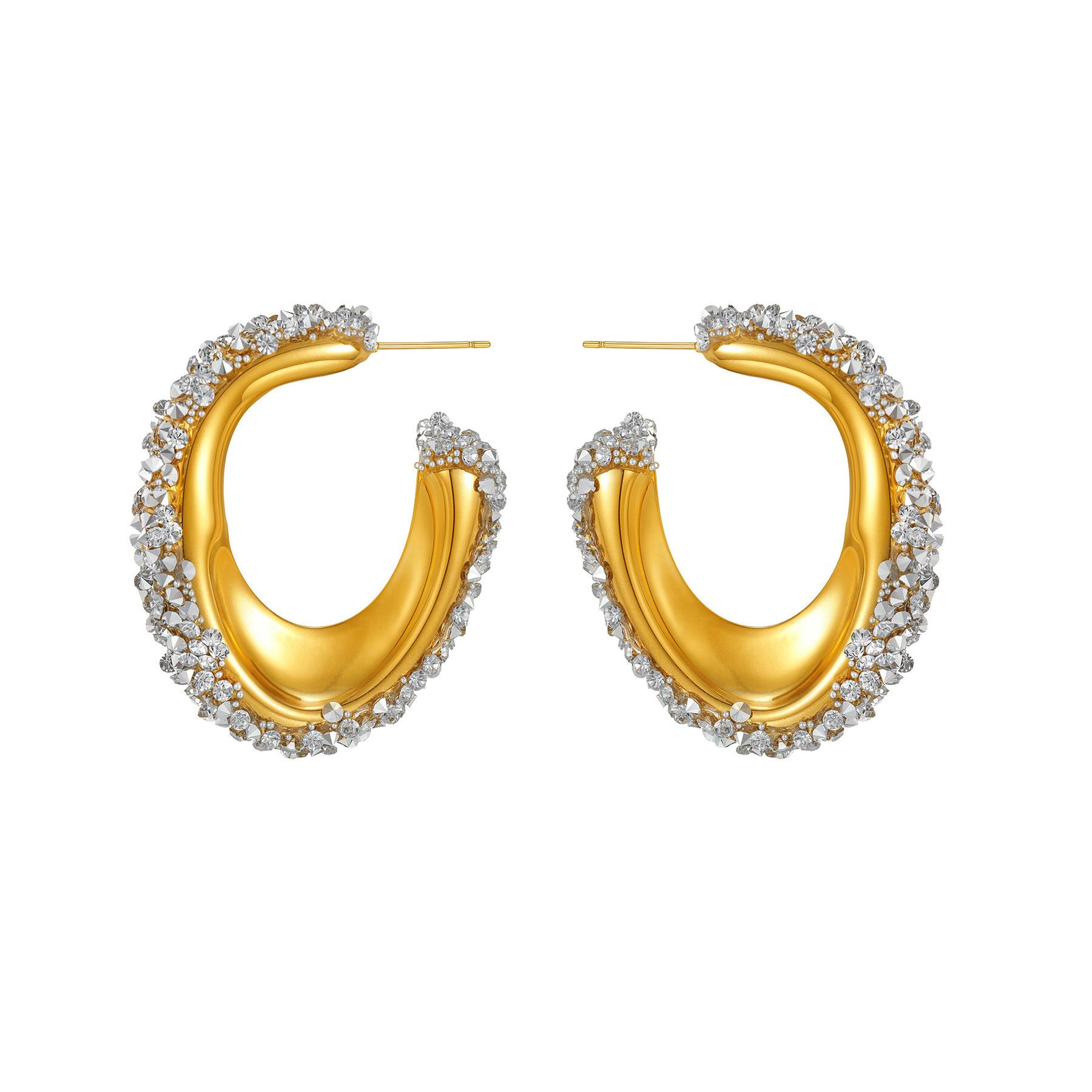 Stainless steel C-shaped crystal earrings - exquisite geometric stud earrings