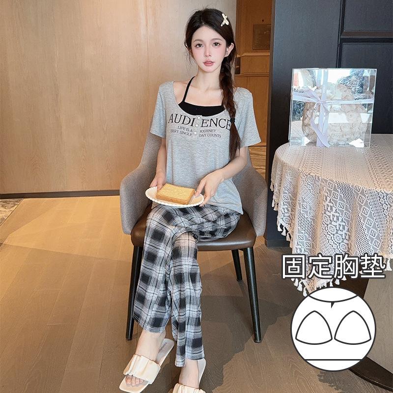 Summer new Modal cotton suspender neck fake two-piece pajama set women s short-sleeved trousers loungewear with chest pad M