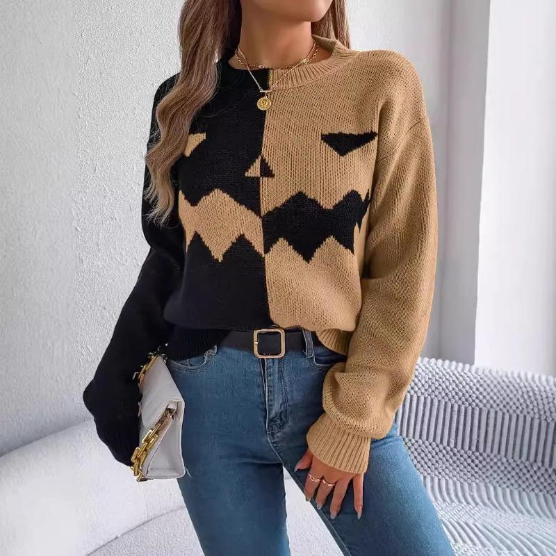 Autumn and Winter Women Halloween Pumpkin Contrast Color Knitted Long Sleeve Loose Sweater