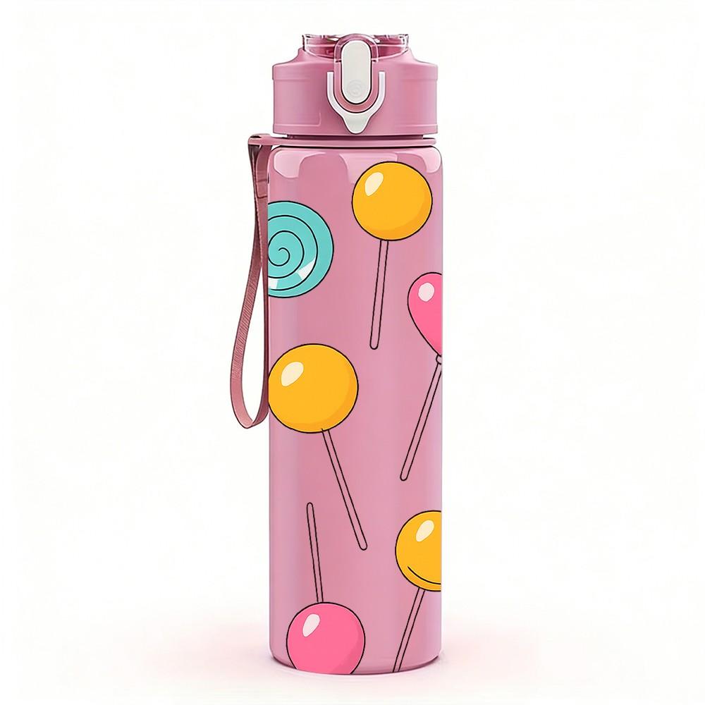 1PC Mixed Lollipop Candy Sweet Pattern 750ml Color Plastic Sports Water Bottle Leakproof Flip Straw Lid Suitable for Sports Office Home Use