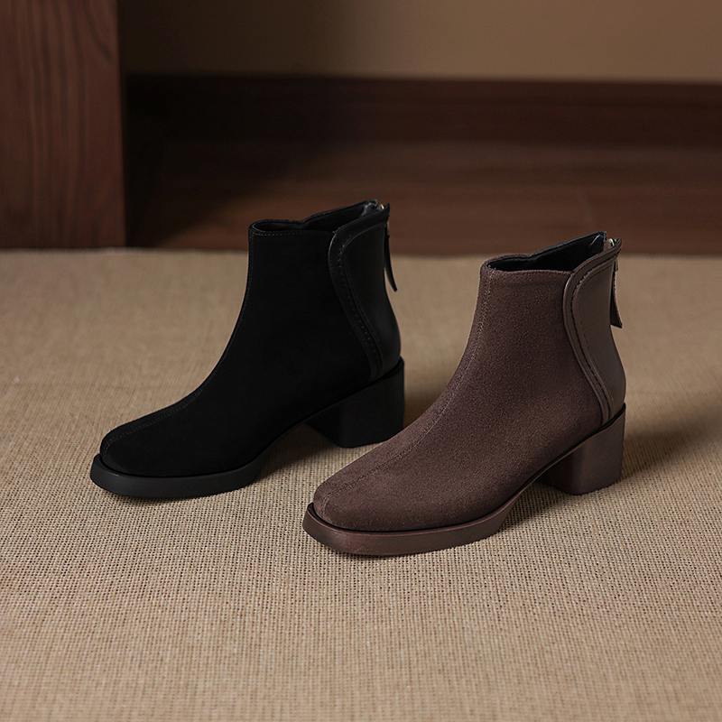 Krazing Pot Cow Suede Nubuck Winter Round Toe Modern Boots Med Heels Zipper Patch Work Women Ankle Boots