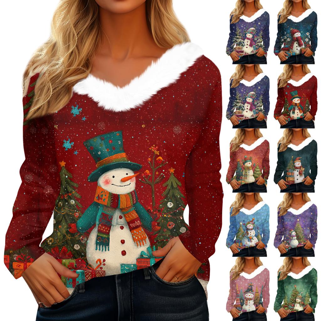 Women's Christmas Printed Long Sleeved Party Plush Neck V-neck Top
