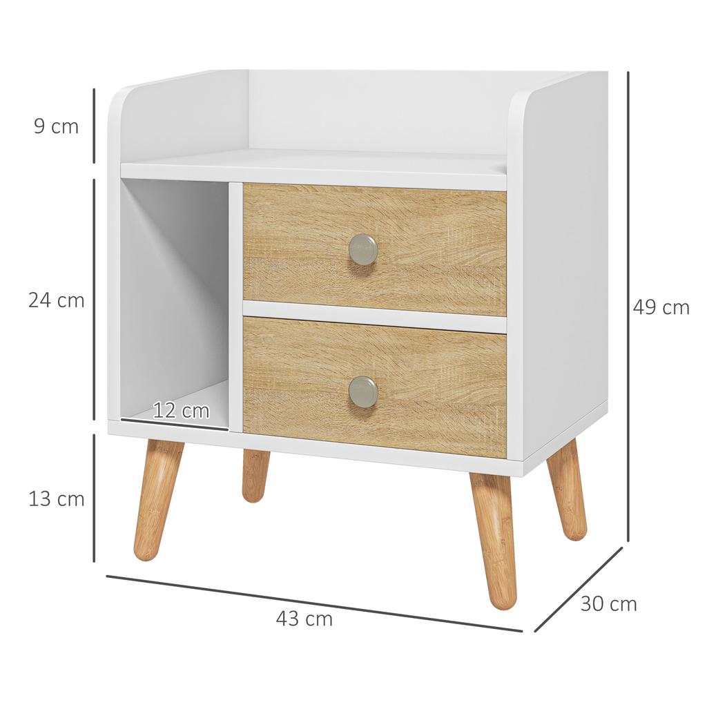 Bedside Table, 2 Drawers, 1 Open Shelf, Raised Pine Legs, 43 X 30 X 49 Cm