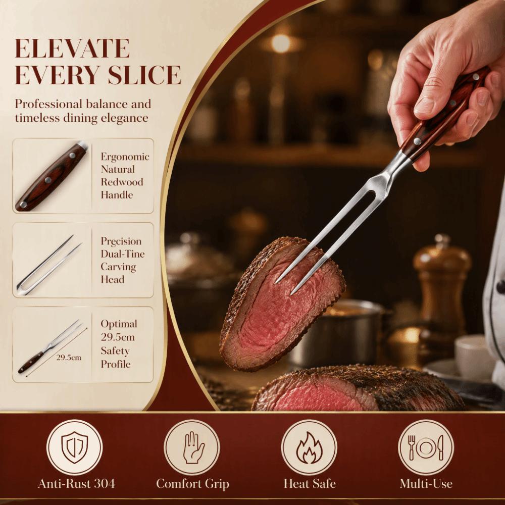 Long Handle Stainless Steel Fork Redwood Handle Meat Turner Fork Backyard Party