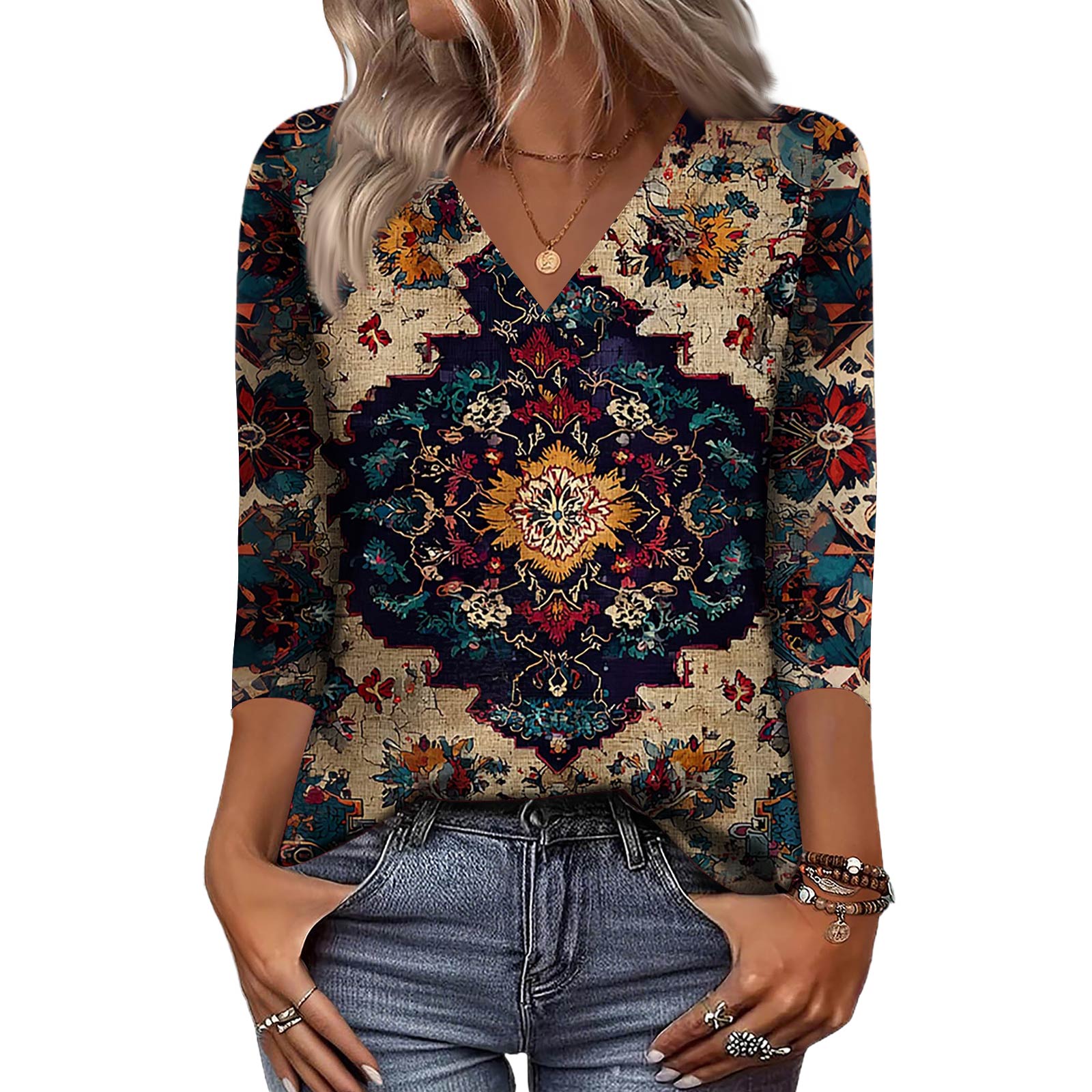 

Женские рубашки с рукавом 3/4, топы с принтом и V-образным вырезом, повседневные топы, базовые футболки, блузки, свободные топы M