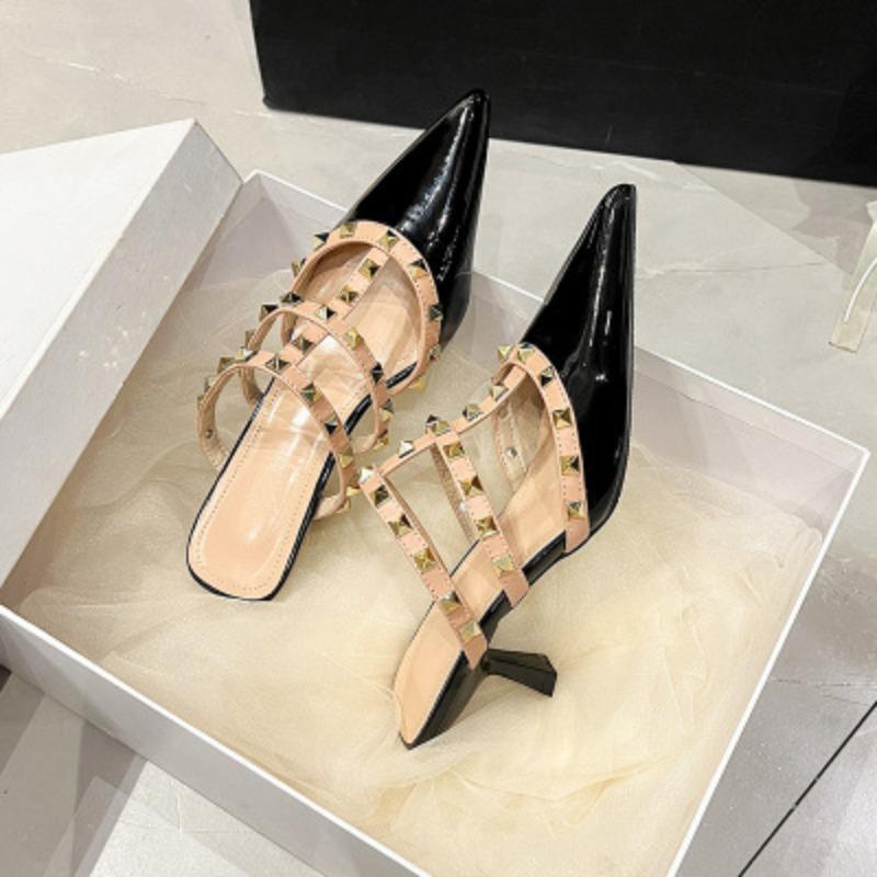 Pointed Half-tow Silver High Heels Autumn New Style Fine Heel Rivet Bag Head High Heel Slippers